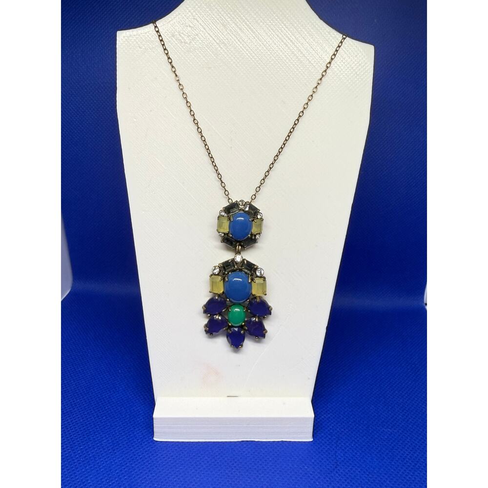 Handmade with vintage jewelry pieces Statement Necklace Blue Gem Pendant 26”